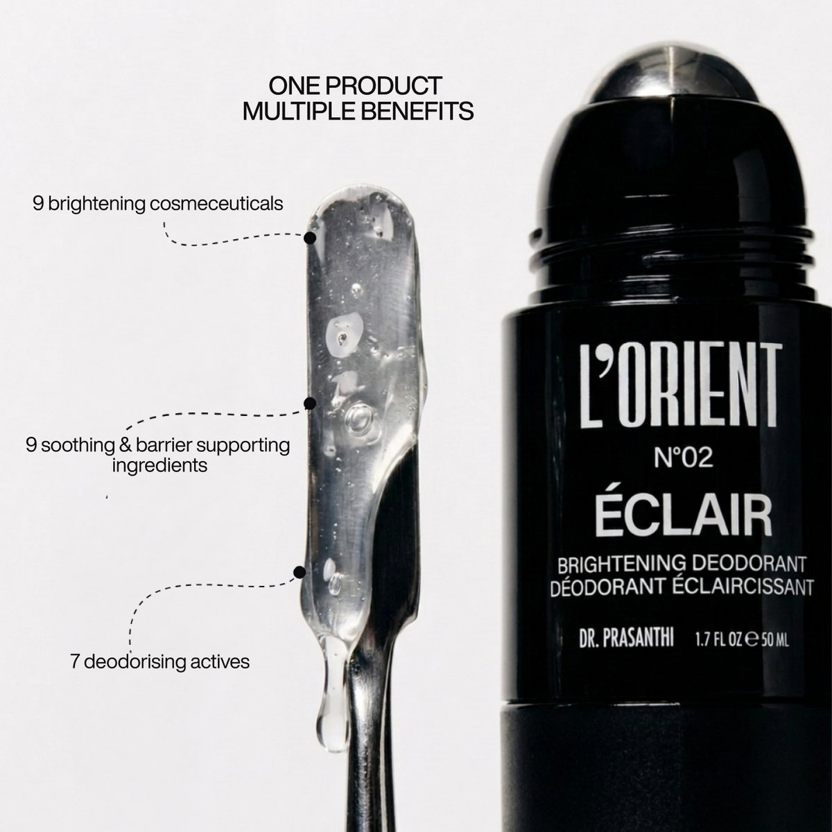 Éclair infographic: 8 brightening cosmeceuticals, 9 soothing barrier-supporting ingredients, 7 deodorising actives