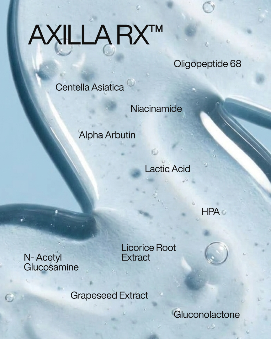 Axilla RX ingredient complex in Éclair brightening deodorant, shown on clear gel