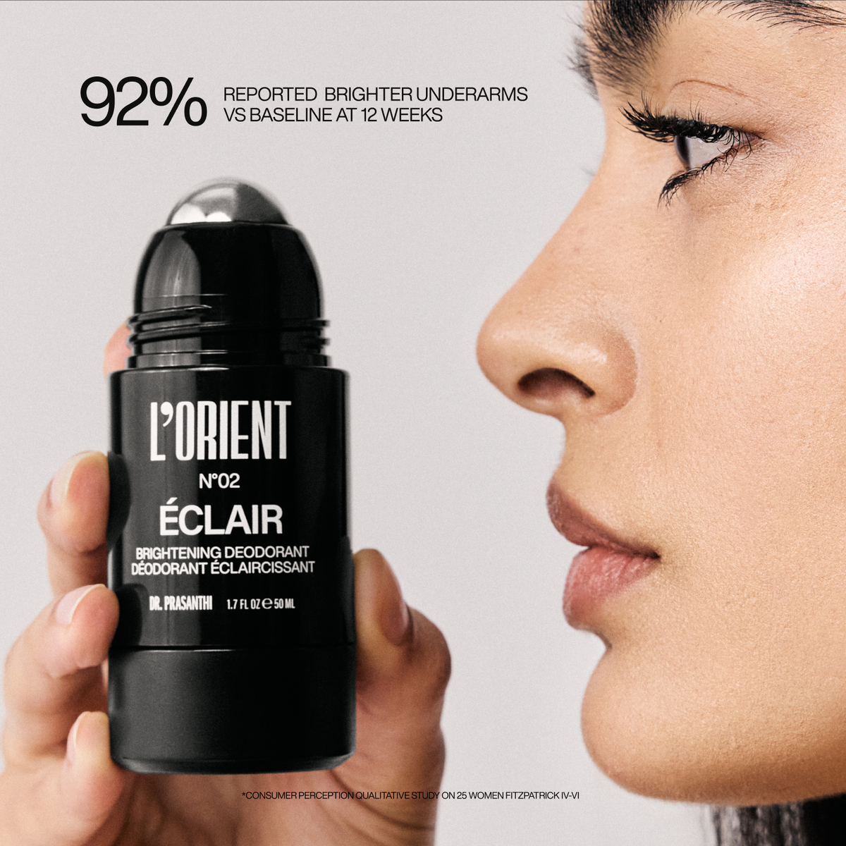 92% reported brighter underarms vs baseline at 12 weeks; woman holding Éclair deodorant